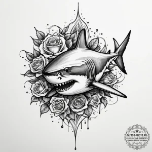 A great white shark breaching the water, capt... - эскиз тату (№1755010776_0, 12.08.2025 14:59) — tattoo-photo.ru