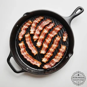 A close-up of a sizzling strip of bacon in a... - эскиз тату (№1755011175_0, 12.08.2025 15:06) — tattoo-photo.ru