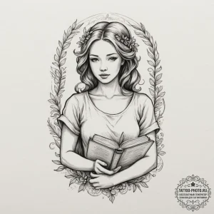 Tattoo design a virgo maiden, holding a book... - эскиз тату (№1755015569_0, 12.08.2025 16:19) — tattoo-photo.ru