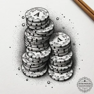 A close-up of a stack of casino chips., tatto... - эскиз тату (№1755016354_0, 12.08.2025 16:32) — tattoo-photo.ru