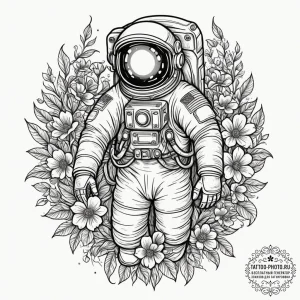Astronaut holding a bouquet of flowers, tatto... - эскиз тату (№1755016949_0, 12.08.2025 16:42) — tattoo-photo.ru