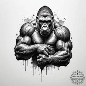 Tattoo sketch a powerful gorilla, hands clenc... - эскиз тату (№1755023371_0, 12.08.2025 18:29) — tattoo-photo.ru