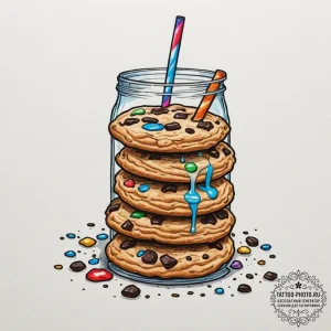 A warm, gooey chocolate chip cookie, freshly... - эскиз тату (№1755027372_0, 12.08.2025 19:36) — tattoo-photo.ru