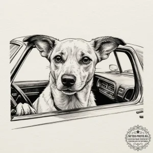 A dog with its head out of a car window, ears... - эскиз тату (№1755029993_0, 12.08.2025 20:19) — tattoo-photo.ru