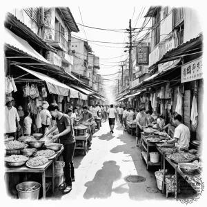 A bustling, chaotic street market in bangkok,... - эскиз тату (№1755032419_0, 12.08.2025 21:00) — tattoo-photo.ru