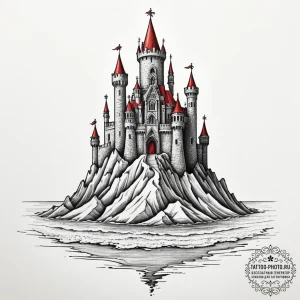 A sandcastle on a beach, with the tide coming... - эскиз тату (№1755032623_0, 12.08.2025 21:03) — tattoo-photo.ru