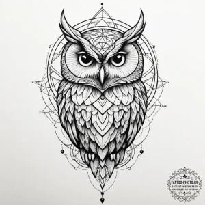 Owl with key, tattoo drawing outline, geometr... - эскиз тату (№1755032833_0, 12.08.2025 21:07) — tattoo-photo.ru