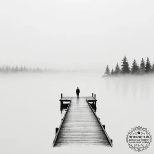 A lone figure standing at the end of a pier o... - эскиз тату (№1755034864_0, 12.08.2025 21:41) — tattoo-photo.ru