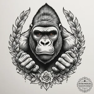 Tattoo sketch a powerful gorilla, hands clenc... - эскиз тату (№1755040523_0, 12.08.2025 23:15) — tattoo-photo.ru