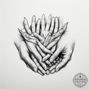 Tattoo design a stack of hands, each represen... - эскиз тату (№1755042148_0, 12.08.2025 23:42) — tattoo-photo.ru