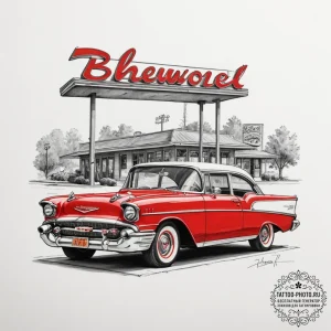 A classic, cherry red 1957 chevrolet bel air... - эскиз тату (№1755048609_0, 13.08.2025 01:30) — tattoo-photo.ru