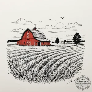 A classic red barn in a field of golden wheat... - эскиз тату (№1755049016_0, 13.08.2025 01:36) — tattoo-photo.ru