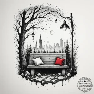 A cozy reading nook with a built-in bench, cu... - эскиз тату (№1755053603_0, 13.08.2025 02:53) — tattoo-photo.ru