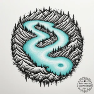 An aerial drone shot of a vibrant turquoise r... - эскиз тату (№1755054601_0, 13.08.2025 03:10) — tattoo-photo.ru