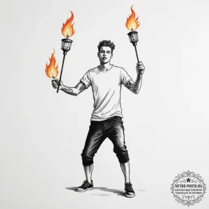 A street performer juggling flaming torches a... - эскиз тату (№1755057982_0, 13.08.2025 04:06) — tattoo-photo.ru