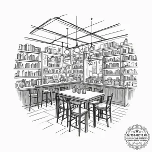 A shot of a crowded bookstore cafe., ink illu... - эскиз тату (№1755059780_0, 13.08.2025 04:36) — tattoo-photo.ru