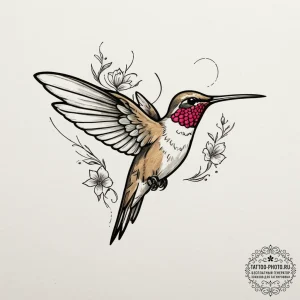 A tiny, colorful hummingbird hovering next to... - эскиз тату (№1755065162_0, 13.08.2025 06:06) — tattoo-photo.ru