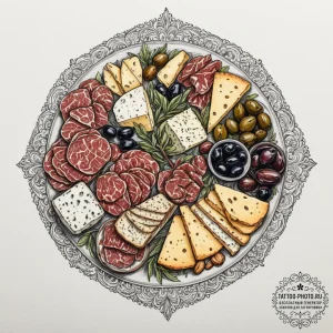 A charcuterie board with a variety of cheeses... - эскиз тату (№1755065561_0, 13.08.2025 06:12) — tattoo-photo.ru