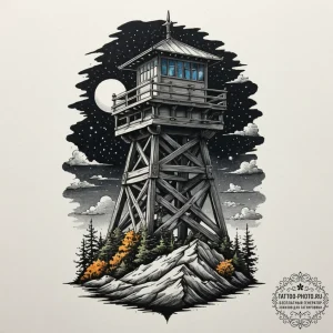 Tattoo sketch a stylized watchtower standing... - эскиз тату (№1755065762_0, 13.08.2025 06:16) — tattoo-photo.ru