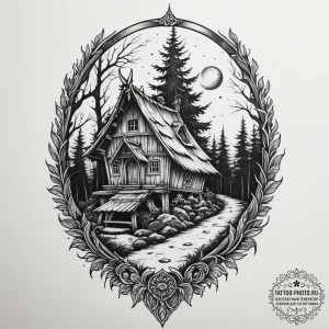 A tattoo design of baba yaga's hut on chicken... - эскиз тату (№1755066159_0, 13.08.2025 06:22) — tattoo-photo.ru