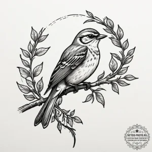 Tattoo sketch a stylized songbird perched on... - эскиз тату (№1755073338_0, 13.08.2025 08:22) — tattoo-photo.ru