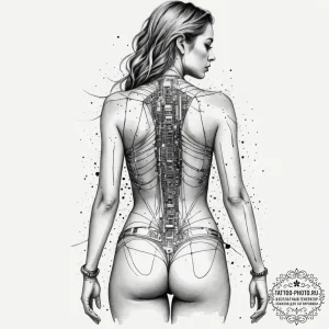 Circuit board pattern on a human back, ink il... - эскиз тату (№1755075329_0, 13.08.2025 08:55) — tattoo-photo.ru