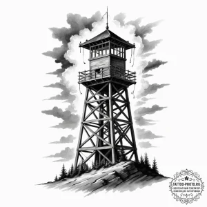 Tattoo sketch a stylized watchtower standing... - эскиз тату (№1755075730_0, 13.08.2025 09:02) — tattoo-photo.ru