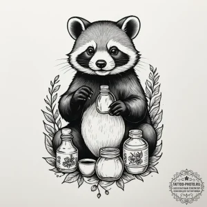 A tanuki with its sake bottle, tattoo sketch... - эскиз тату (№1755076127_0, 13.08.2025 09:08) — tattoo-photo.ru