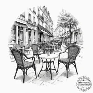 A charming parisian street cafe, with wicker... - эскиз тату (№1755076726_0, 13.08.2025 09:18) — tattoo-photo.ru