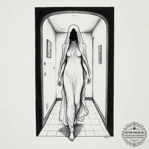 A ghostly apparition in a hallway, artistic t... - эскиз тату (№1755077123_0, 13.08.2025 09:25) — tattoo-photo.ru