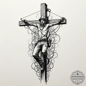 A power line technician working high up on a... - эскиз тату (№1755077524_0, 13.08.2025 09:32) — tattoo-photo.ru