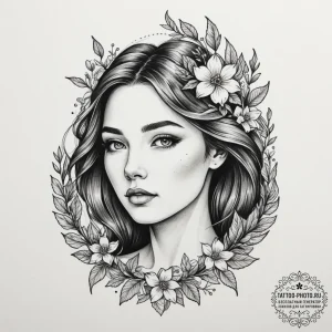 A serene tattoo sketch of the goddess lada, h... - эскиз тату (№1755079524_0, 13.08.2025 10:05) — tattoo-photo.ru