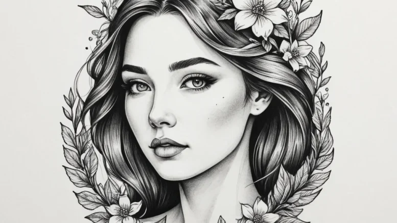 A serene tattoo sketch of the goddess lada, h... - эскиз тату (№1755079524_0, 13.08.2025 10:05) — tattoo-photo.ru