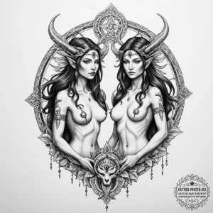 Tattoo sketch gemini figures as ancient shama... - эскиз тату (№1755079722_0, 13.08.2025 10:08) — tattoo-photo.ru