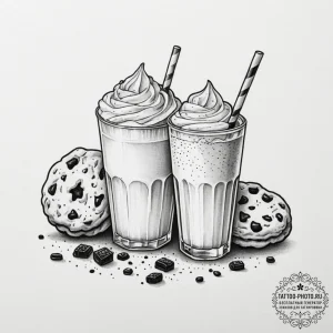 Tattoo design a 'cookie' on one, a 'glass of... - эскиз тату (№1755080123_0, 13.08.2025 10:15) — tattoo-photo.ru