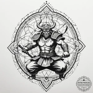 Samurai fighting an oni, tattoo sketch design... - эскиз тату (№1755081915_0, 13.08.2025 10:45) — tattoo-photo.ru