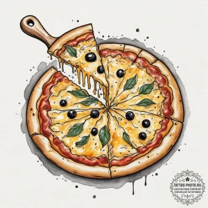 A rustic, artisanal pizza being pulled from a... - эскиз тату (№1755082312_0, 13.08.2025 10:51) — tattoo-photo.ru