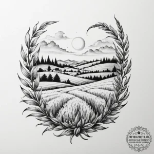 Tattoo design: a landscape of fertile fields... - эскиз тату (№1755090261_0, 13.08.2025 13:04) — tattoo-photo.ru