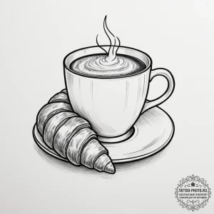 Tattoo sketch a coffee cup on one, a croissan... - эскиз тату (№1755090653_0, 13.08.2025 13:10) — tattoo-photo.ru
