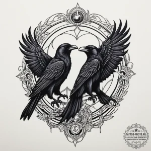 Huginn and muninn (odin's ravens), ink illust... - эскиз тату (№1755092427_0, 13.08.2025 13:40) — tattoo-photo.ru