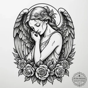 A weeping angel statue, tattoo line art, on a... - эскиз тату (№1755098946_0, 13.08.2025 15:29) — tattoo-photo.ru