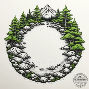 A serene japanese zen garden with raked sand... - эскиз тату (№1755105104_0, 13.08.2025 17:11) — tattoo-photo.ru