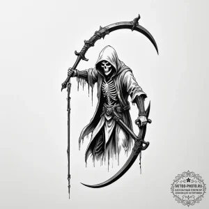 Reaper's scythe leaning against a wall - эскиз тату (№1755106086_0, 13.08.2025 17:28) — tattoo-photo.ru