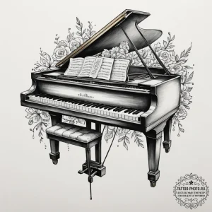 A close-up of the keys of a vintage, well-use... - эскиз тату (№1755106481_0, 13.08.2025 17:34) — tattoo-photo.ru