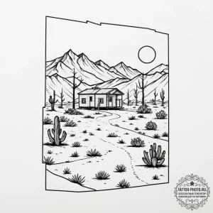 A shot of a mobile home park in the desert.,... - эскиз тату (№1755106678_0, 13.08.2025 17:37) — tattoo-photo.ru