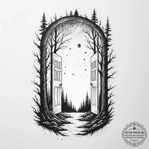 An open door in the middle of a forest leadin... - эскиз тату (№1755108255_0, 13.08.2025 18:04) — tattoo-photo.ru