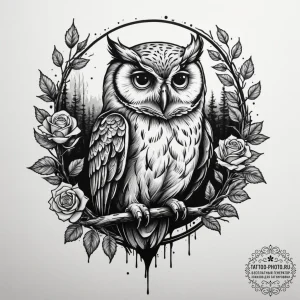 A wise-looking owl perched on a branch in a d... - эскиз тату (№1755111830_0, 13.08.2025 19:03) — tattoo-photo.ru