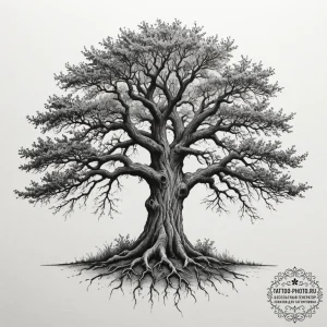 Tattoo sketch a gnarled, ancient oak tree wit... - эскиз тату (№1755112623_0, 13.08.2025 19:17) — tattoo-photo.ru