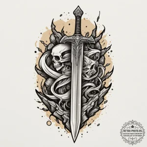 Tattoo design a classic fantasy sword plunged... - эскиз тату (№1755117013_0, 13.08.2025 20:30) — tattoo-photo.ru