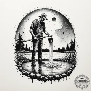 A person harvesting salt from an evaporation... - эскиз тату (№1755117608_0, 13.08.2025 20:40) — tattoo-photo.ru